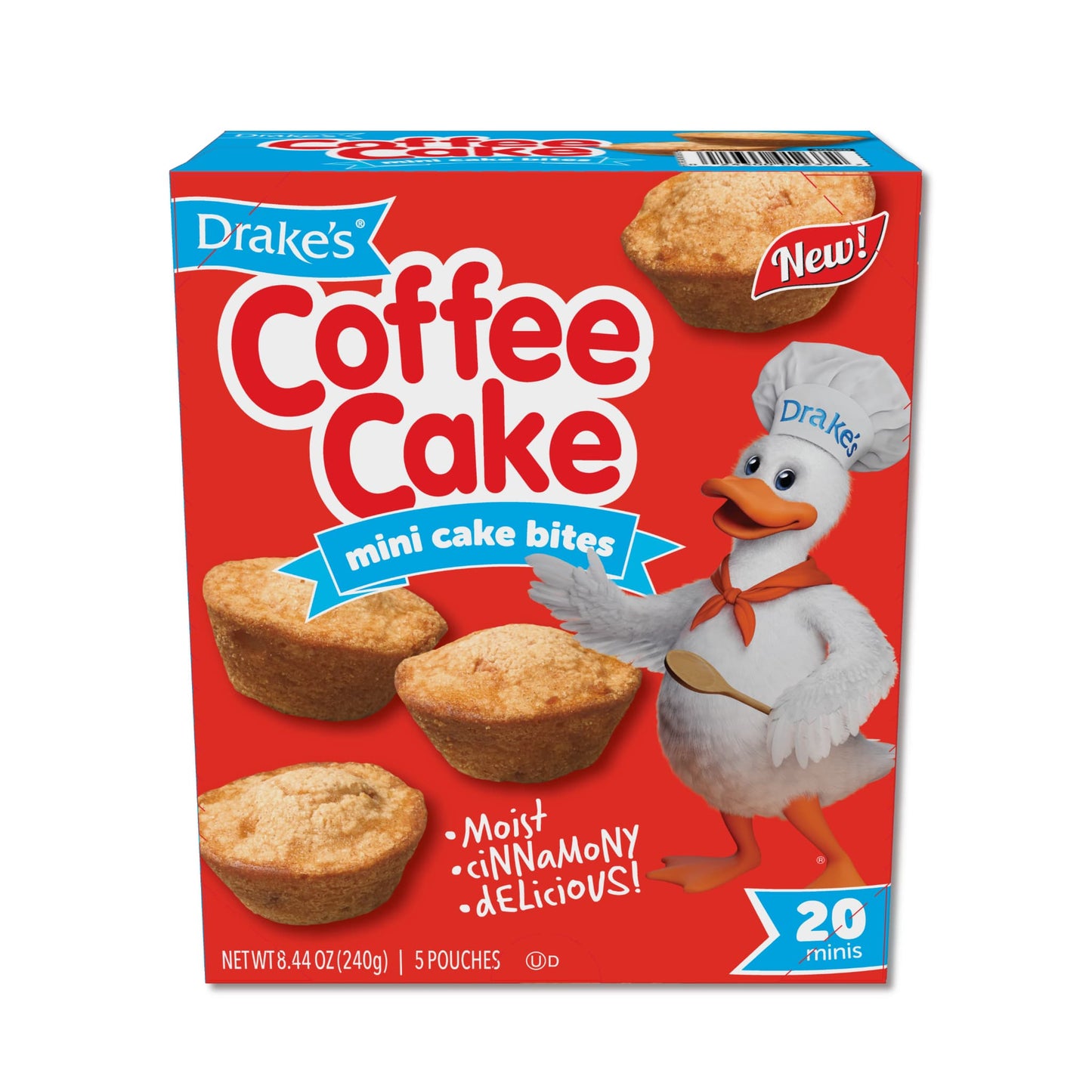 Image of Drake's Coffee Cake Mini Cake Bites carton. The packaging is predominantly red with white text, featuring the Drake's logo in blue at the top left corner. The product name 'Coffee Cake' is prominently displayed in large, bold letters, with 'mini cake bites' on a blue banner below. To the right is a cartoon, Webster the Duck, wearing a chef's hat and an apron, holding a spoon and gesturing toward the cake bites. 