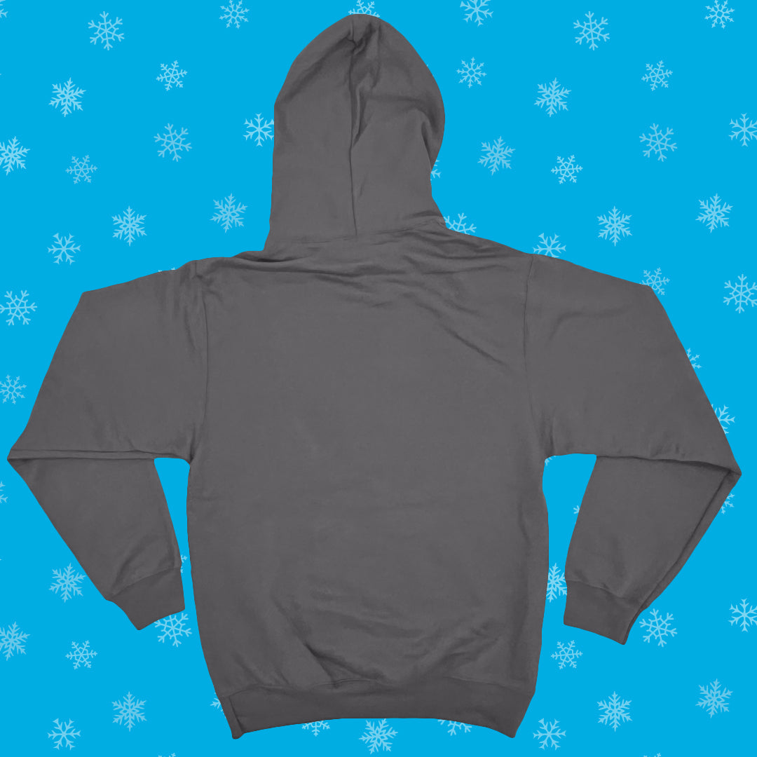 Back view of a grey Drake’s Snack-Tastic Hoodie against a bright blue background adorned with white snowflakes. The hoodie is plain from the back, displaying a hood, and ribbed cuffs on the sleeves.