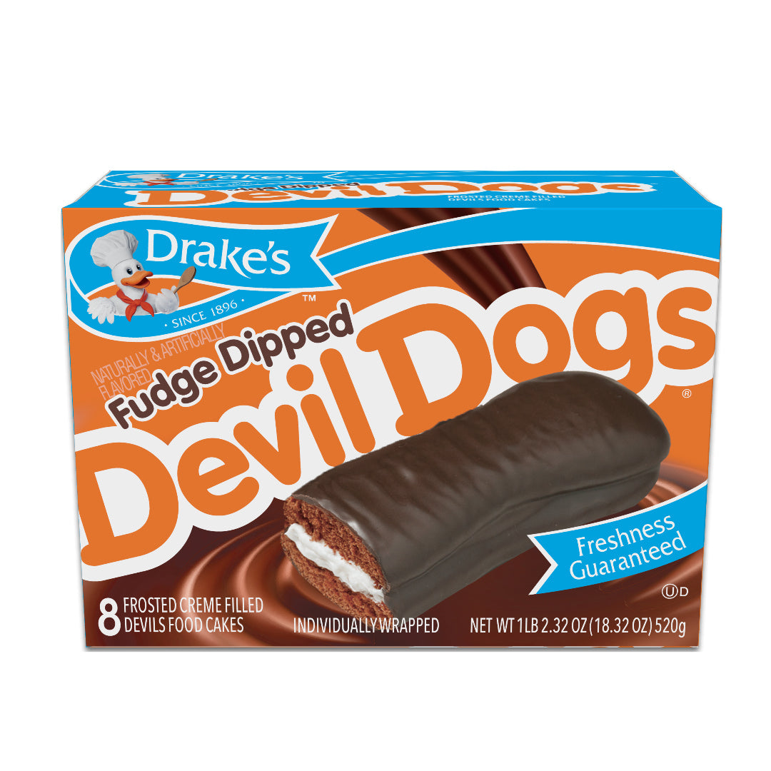 Drake's cake Fudge Dipped Devil Dogs carton front